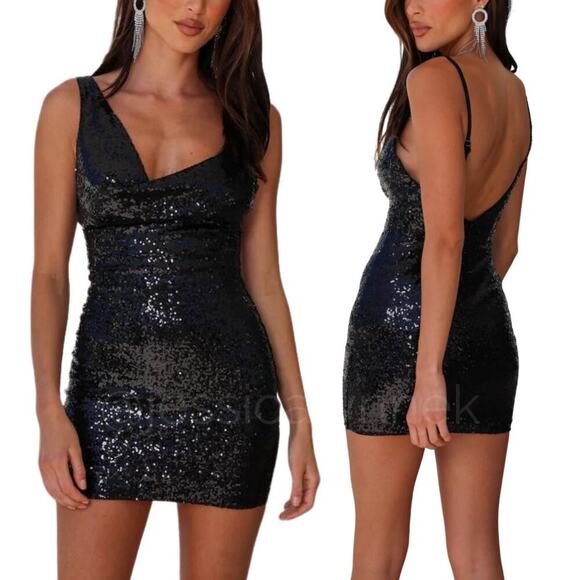 NEW Metallic Sequin Asymmetrical Draped Cowl Neck Mini Cocktail Dress Black - M - Picture 1 of 4